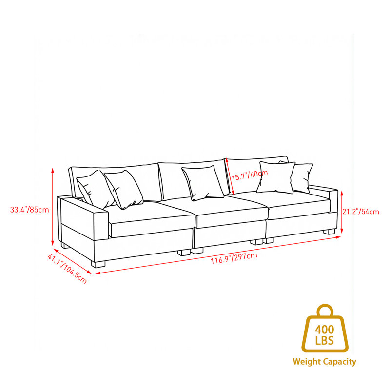 3 - Piece Upholstered Offwhite Chenille Modular Sectional Sofa with Armrests & Throw Pillows, Off White