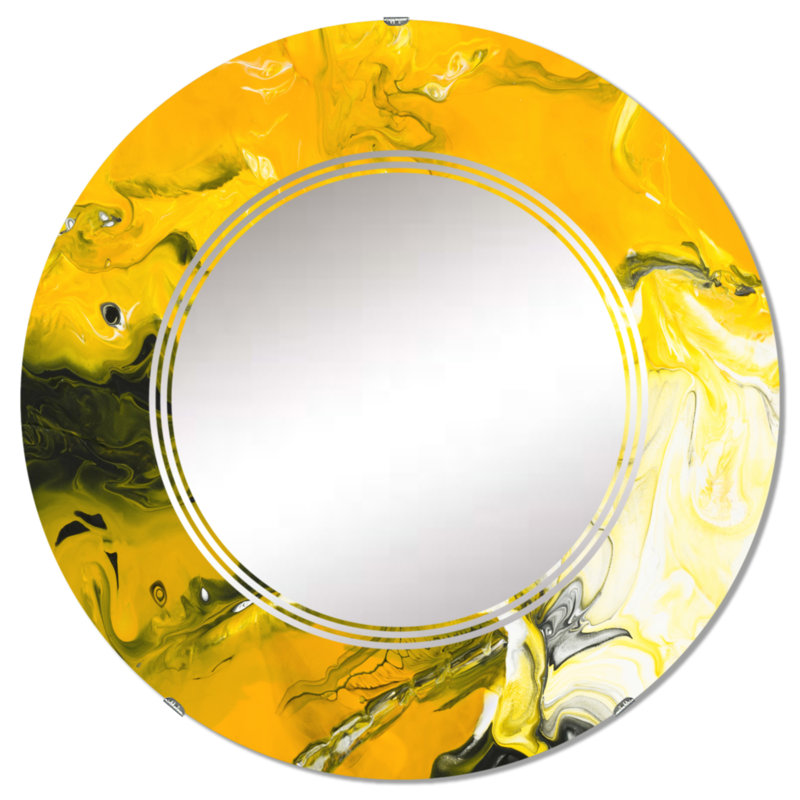 Jaune jaune, noir et blanc liquide Art V - miroir mural rond moderne, 24 po x 24 po