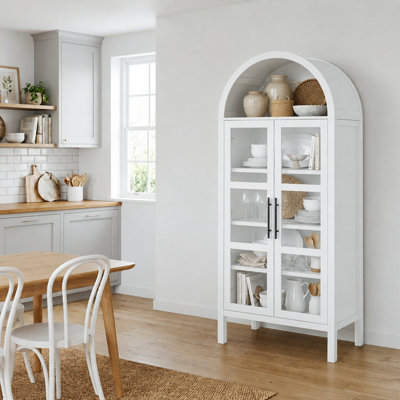 Armoire vitrée arquée de 72 pouces de hauteur, armoire de cuisine en bois, 2 portes en verre arquées, avec rangement et tablettes réglables pour la salle à manger et le salon