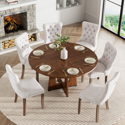47" Round Wooden Dining Table Set for 4-6, Modern Velvet Upholstered Chairs with Rivet Details, Kitchen & Dining Room Furniture Set, Splicing Tabletop, Safe Corner