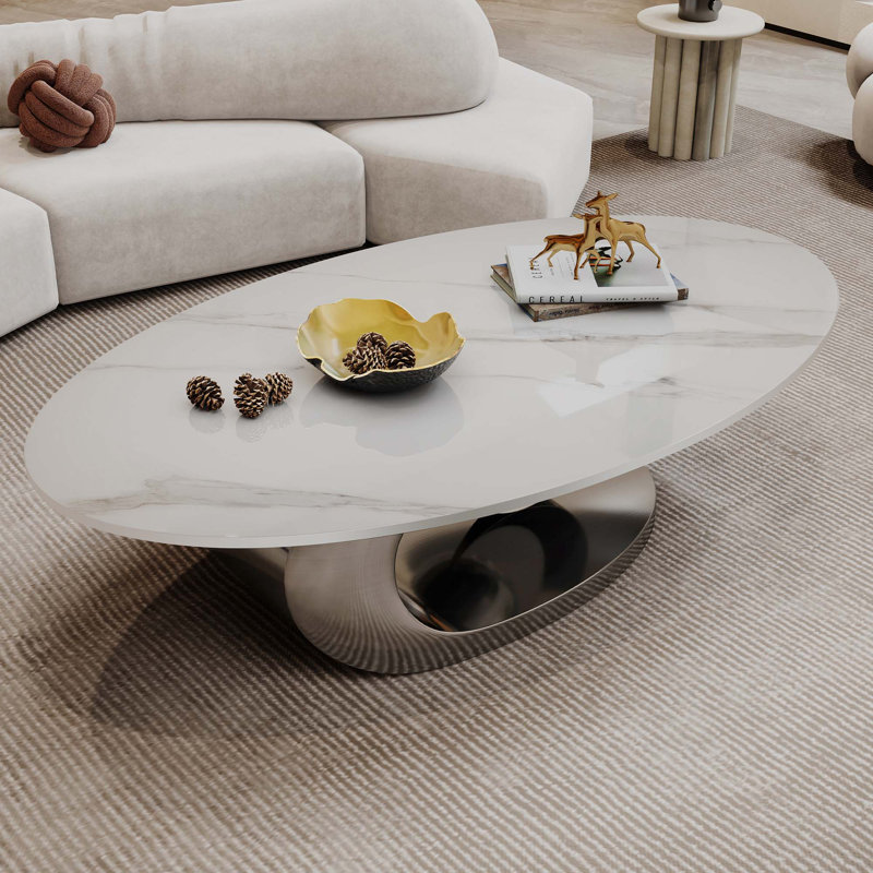 Table basse en marbre avec base sculpturale en acier inoxydable, Argent argent