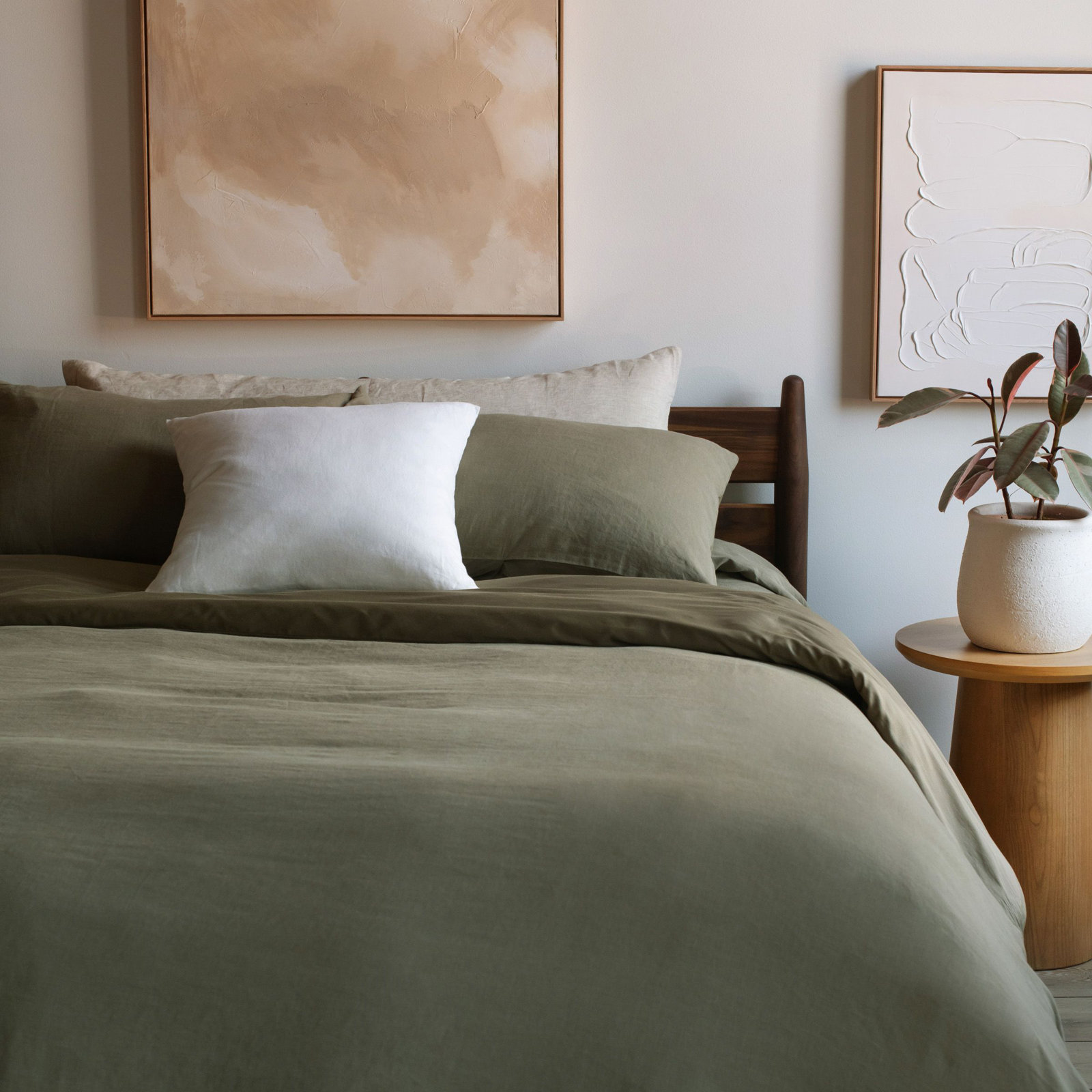 French Linen Duvet Cover Set, Queen Duvet Cover + 2 Standard Pillow Shams, Moss