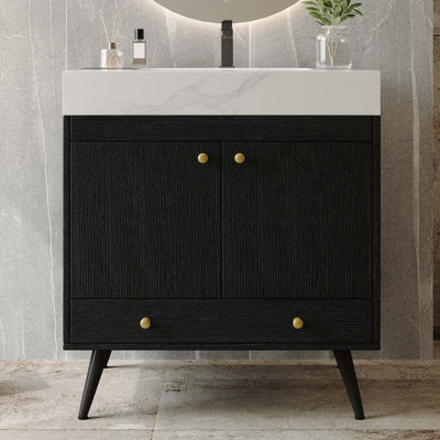 Meuble-lavabo autoportant Mid-Century avec comptoir en faux marbre et lavabo en céramique, armoire de rangement à double porte