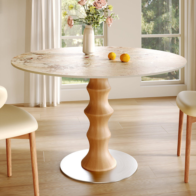 Table de salle à manger en pierre frittée ronde, table de cuisine circulaire pour 2 à 4 personnes, table de salle à manger en bois massif d'inspiration bambou pour la salle à manger, le coin-repas ou le salon