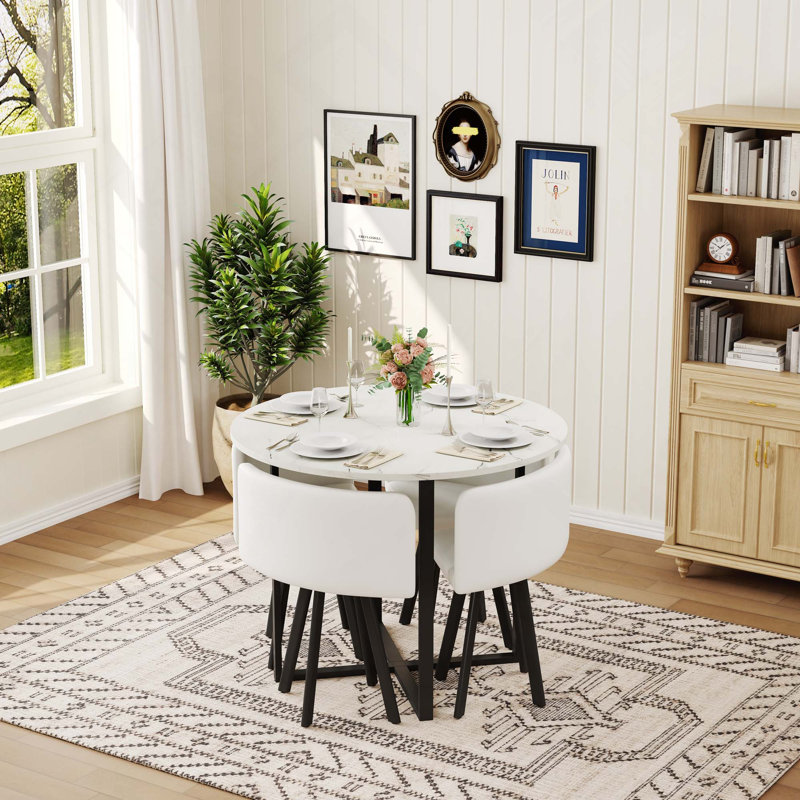 5PCS Rustic Breakfast Nook Dining Set, Faux Marble Triamine Top Round Dining Table With 4 PU Leather Chairs, White