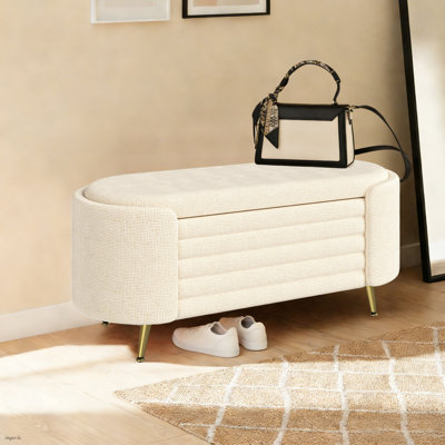 Modern Oval Chenille Upholstered Storage Ottoman Bench, Flip Top Padded End of Bed Bench with Gold Metal Legs, Storage Bench for Bedroom, Living Room, Entryway