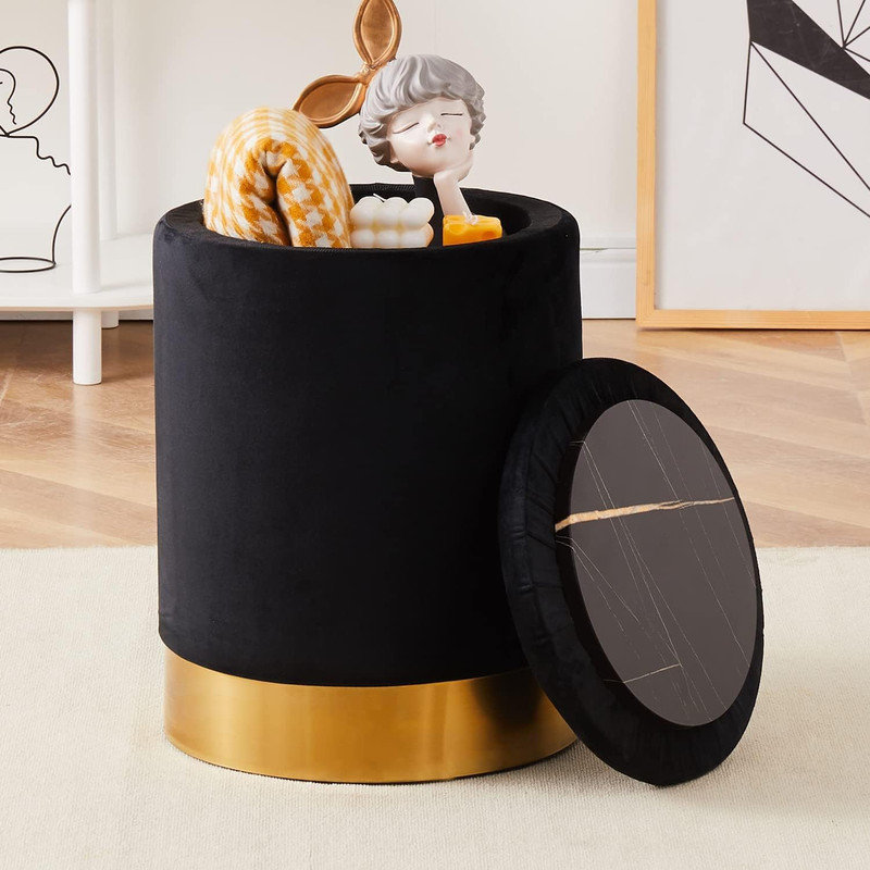 Repose-pieds de rangement rond en velours de 13,8 po Amay, Noir
