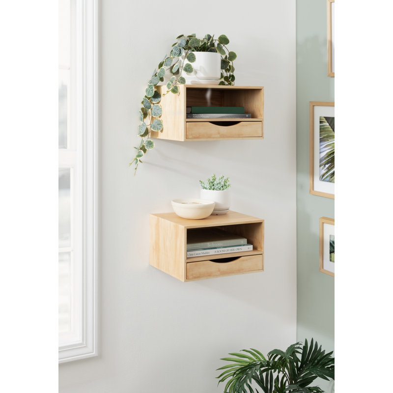 Adeana Poplar Solid Wood Floating Shelf with Drawer, Natural