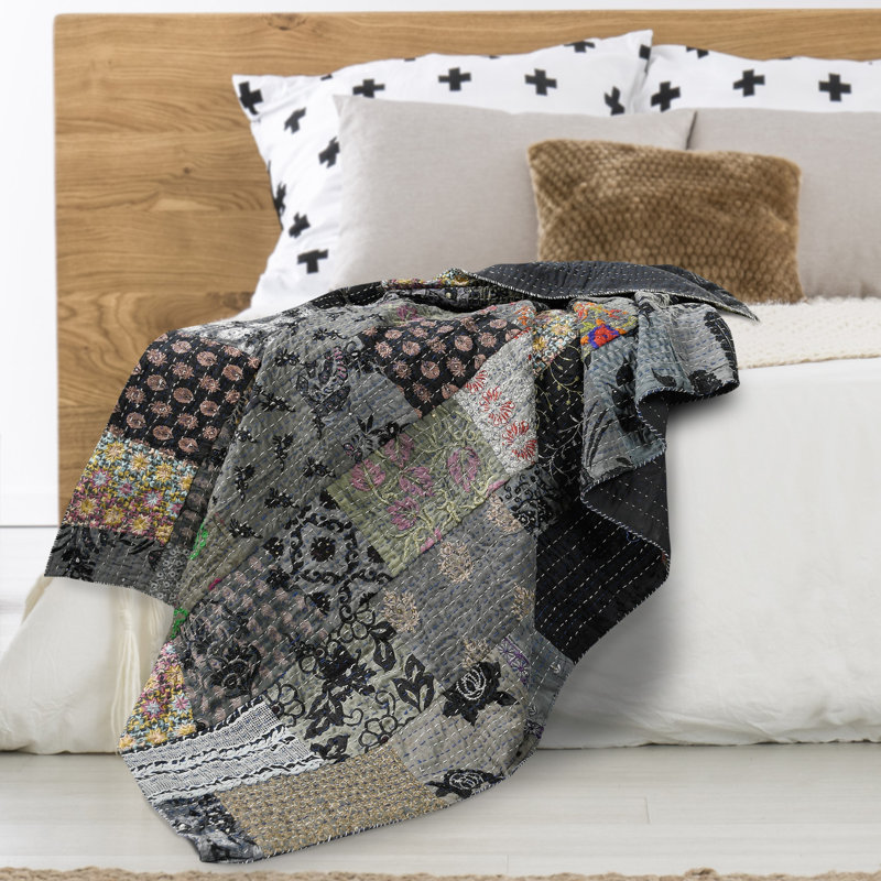 Jeté en coton Kantha Advika, Gris