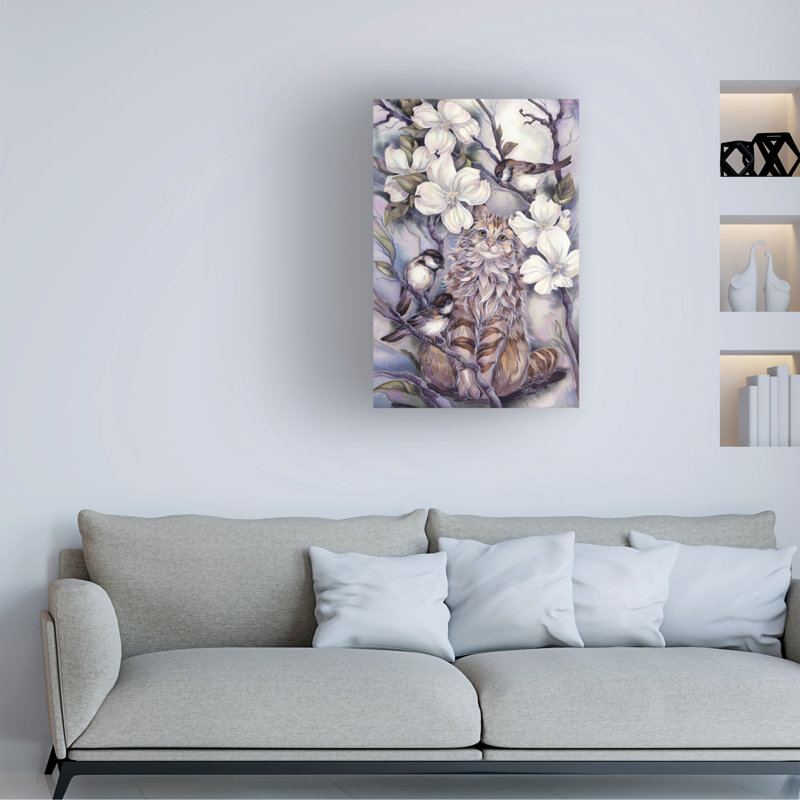 Art mural sur toile tendue - Jody Bergsma, art mural «Chat et mésanges» pour le salon, la chambre à coucher ou le bureau - 30 x 47