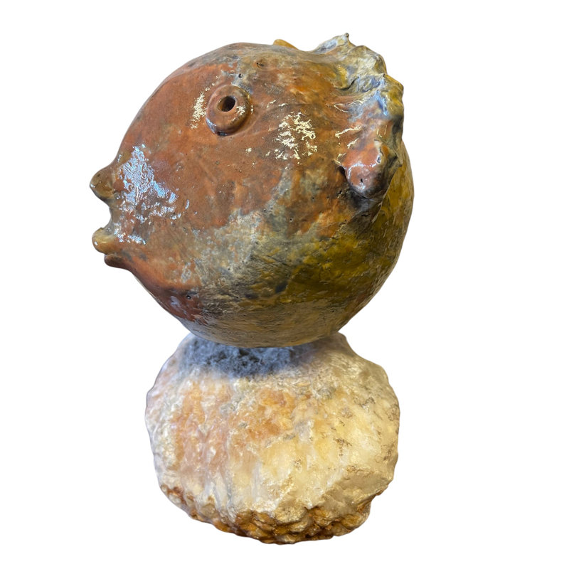 Handmade Ceramic Head Sculpture with Quartz Stone Base