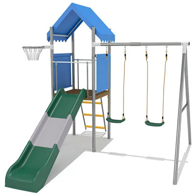 Galvanized Steel Backyard Playset, Dual Swings with Slide and Hoop