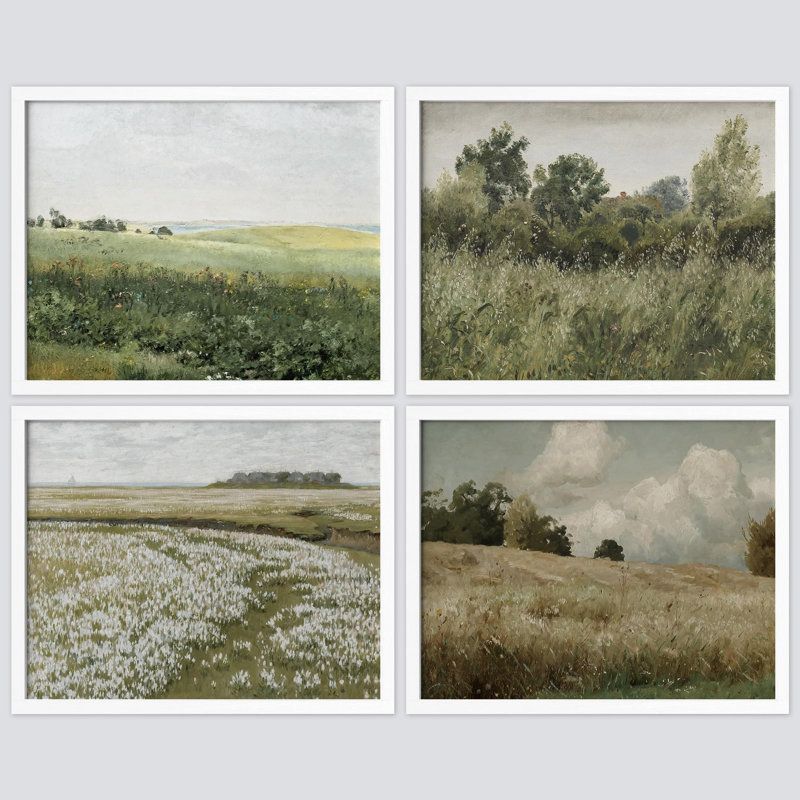 Green Meadow Countryside Landscape, impression sur papier, 4 pièces, Blanc, H 11 po x l 14 po