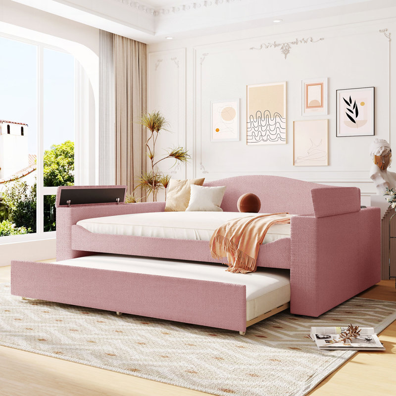Teddy Fleece Upholstered Daybed with Storage Armrests, Trundle and Latest Integrated Bluetooth Audio System, Full/Double
