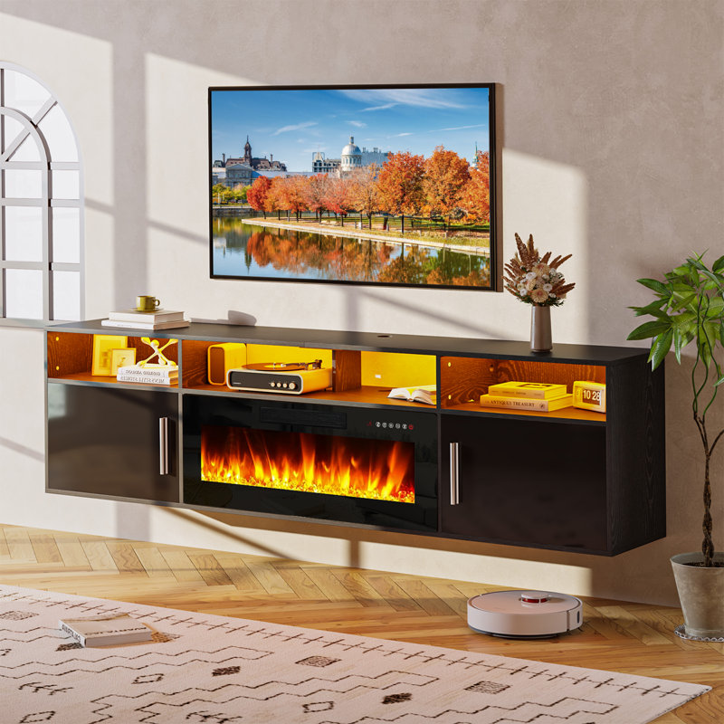 Floating 80" TV Stand with 36" Electric Fireplace, Black