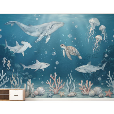 Papier peint chambre de bébé animaux océaniques - créatures aquarelles - tortue requin baleine - peinture murale bleue douce pour enfants 1139DRS
