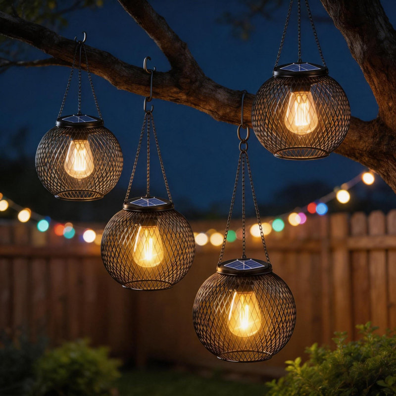 Lanternes suspendues solaires d'extérieur imperméables à l'eau chaude 2700K avec capteur automatique du crépuscule à l'aube pour terrasse de jardin