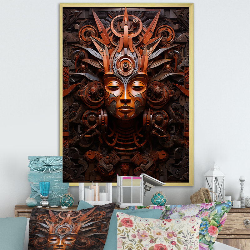 Ancien masque aztèque II - art mural africain sur toile, H 32 po x l 16 po x P 1 po, Encadrement doré