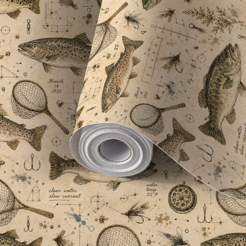 Papier peint auto-adhésif à motifs de leurres de pêche rétro, 117.6" L x 22.8" W