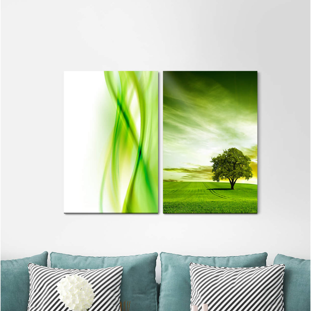 2-tlg. Leinwandbilder-Set - Grafikdruck „Green Meadow Tree Field Sky Horizon”