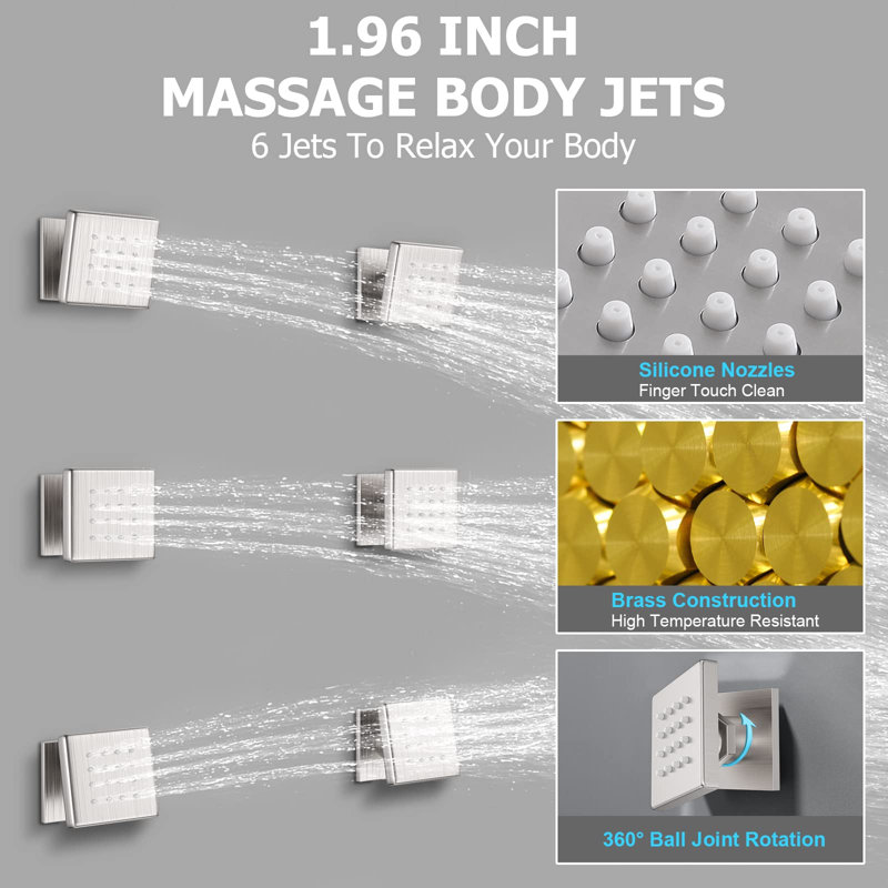 12" Rain Shower With Handheld And 6 Body Jets, Pressure Balance, Brushed Nickel