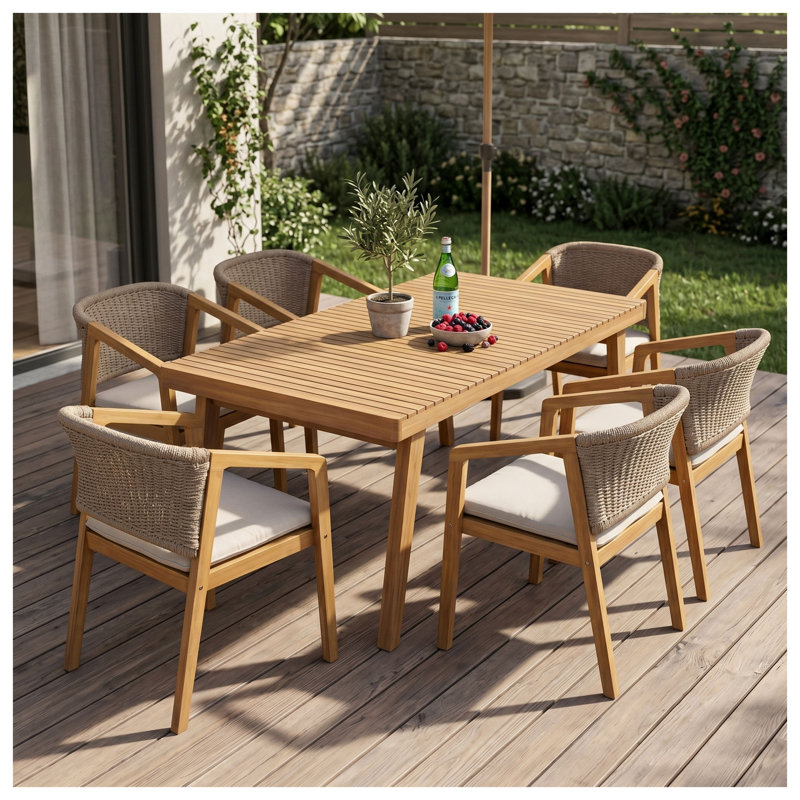 Ensemble repas d'extérieur 7 pièces avec table en bois d'acacia de 69 pouces et 6 chaises avec accoudoirs en corde, beige