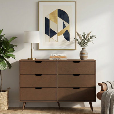 Commode 6 tiroirs 47,2 po, finition en placage de bois avec tiroirs à fermeture en douceur, pieds en bois massif, conception sans poignée, brun