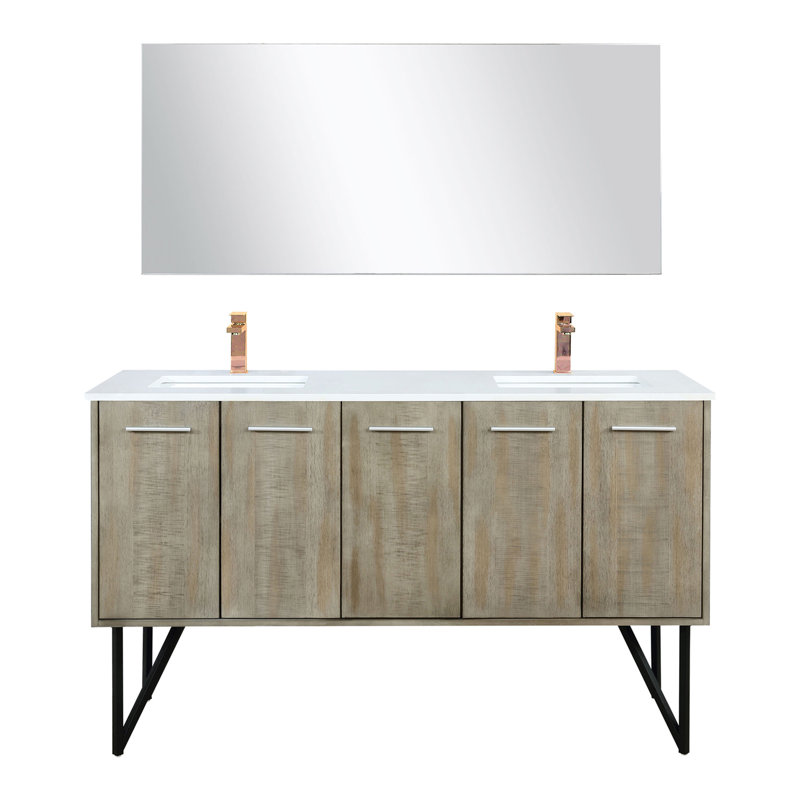 Meuble-lavabo double 60 po Rustic L 20 po x P 20 po, comptoir en marbre de culture, robinet en or rose, miroir 55 - Surface gracieuse, élégante et fonctionnelle