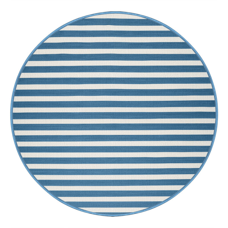 Machine Washable Horizontal Stripes Blue Area Rug, Round 4'