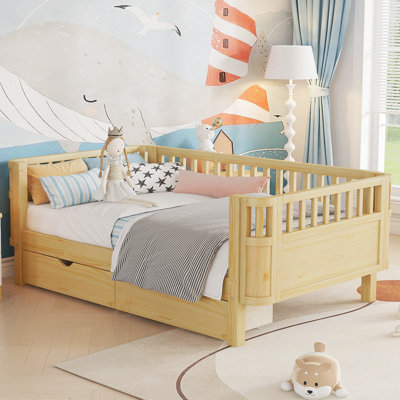 Lit plateforme simple en bois pour enfants, lit simple en bois à profil bas avec rails, naturel