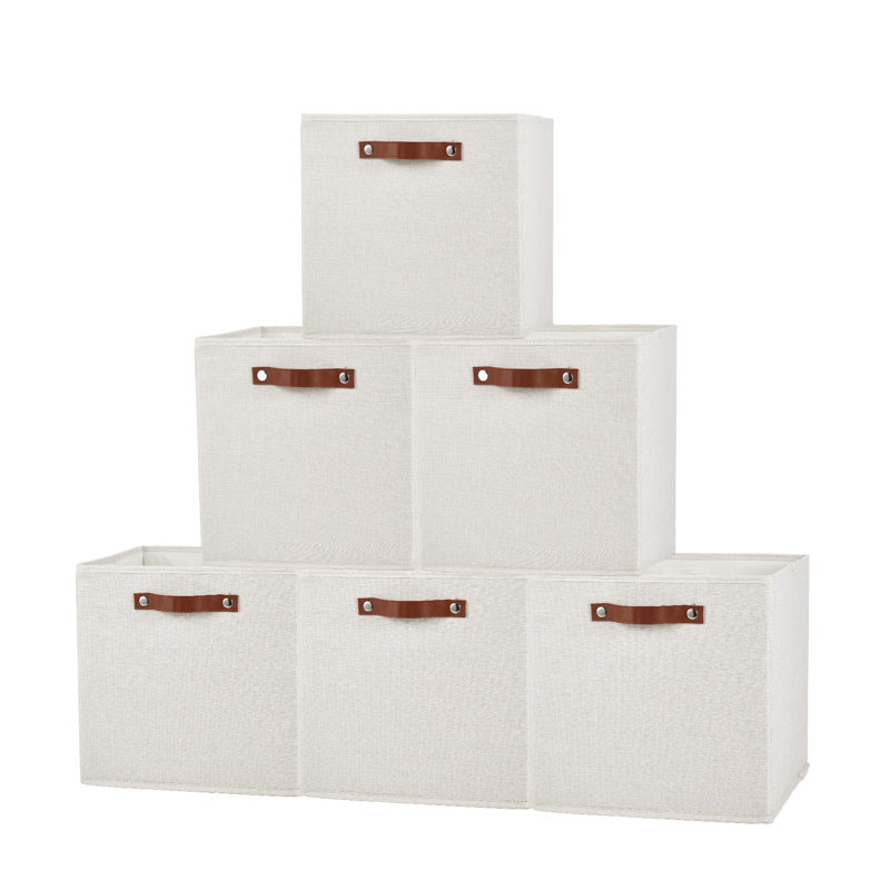 6-Pack Khaki Linen Foldable Storage Bins 13"×13"×13" with Leather Handles, Collapsible Closet Cubes, Reinforced Bottom Boards