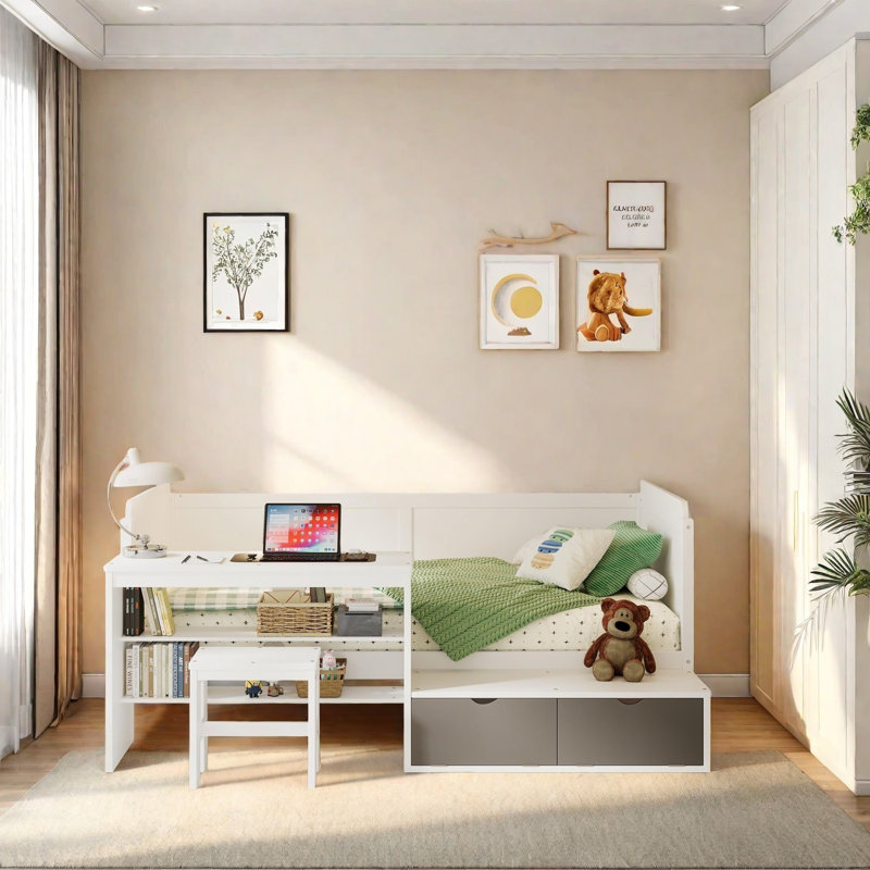 Wooden Daybed With Built-In Storage Shelves, Lockers, And Study Desk, Multi-Functional Twin Size Bed With Matching Stool, Ideal For Small Spaces And Apartments