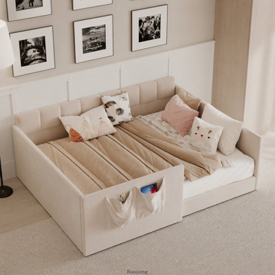 Lit de jour simple rembourré en velours avec panneaux latéraux hauts, pochettes d'entrée et de rangement latérales, petit mobilier d'invité polyvalent gris
