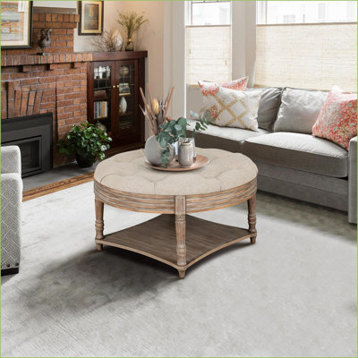 Table basse avec repose-pieds, ferme ronde de 31,5 po capitonnée avec rangement à 2 niveaux, lin imperméable | Noyer brun | Repose-pieds de salon
