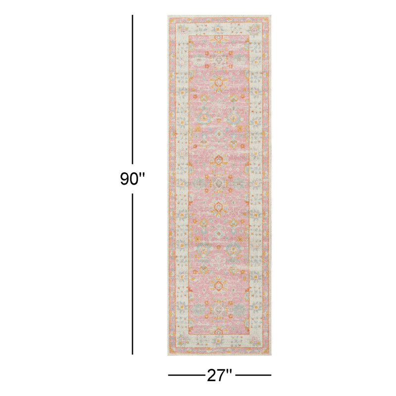 Tapis oriental en laine / nylon rose Guerin, Tapis de couloir 2 pi 3 po x 7 pi 6 po