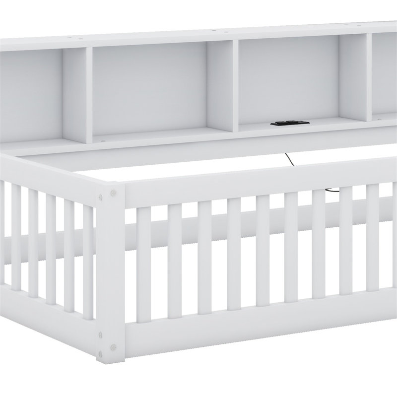 Lit en bois avec rangement et ports USB, Blanc
