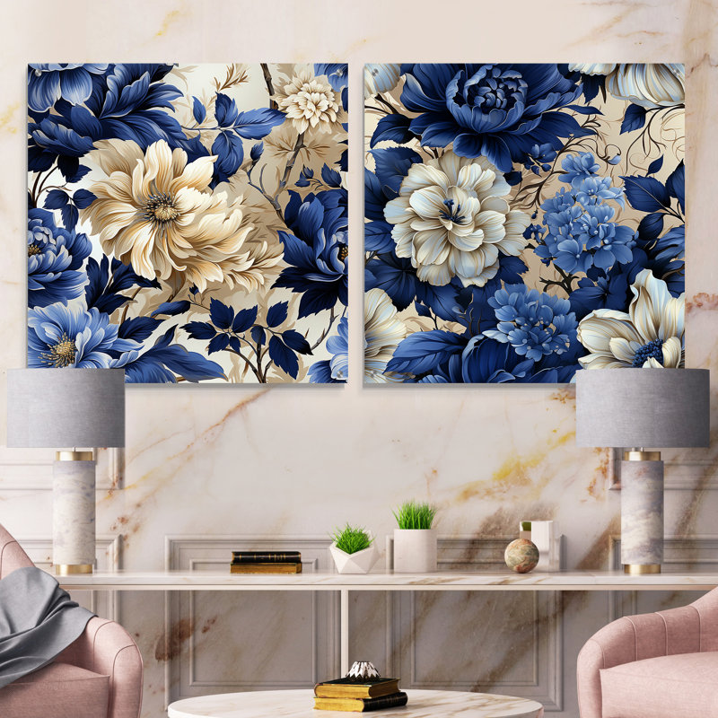Victorien bleu cobalt feuillage victorien, H 16 po x l 33 po