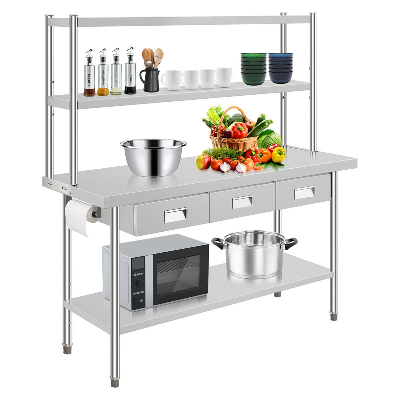 Table de travail robuste en acier inoxydable avec tablette et 3 tiroirs