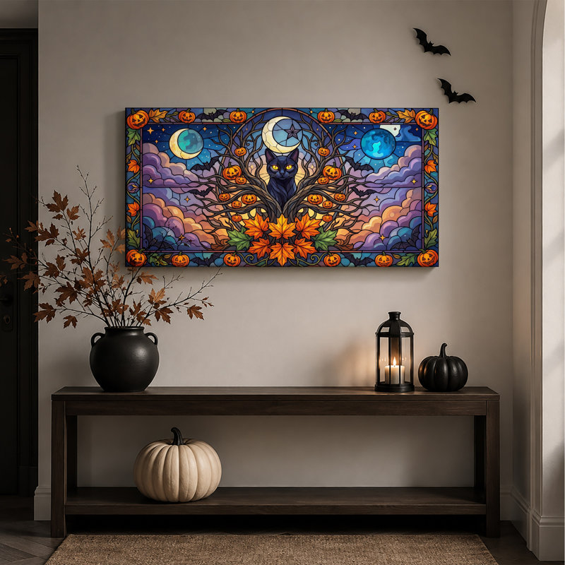 Art mural sur toile, "Chat noir dans un arbre en verre coloré avec citrouilles", L 46 po x H 24 po