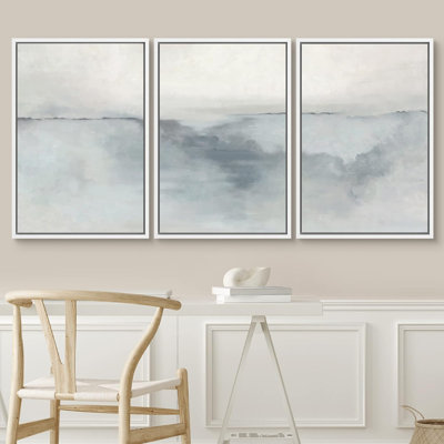 Minimal Landscape " IDEA4WALL Framed Canvas Print Wall Art Set Pastel Watercolor Gray Paint Stroke Landscape Abstract Shapes Illustrations Decorative Relax/Calm Zen For Living Room, Bedroom, Office " 3 - Pieces