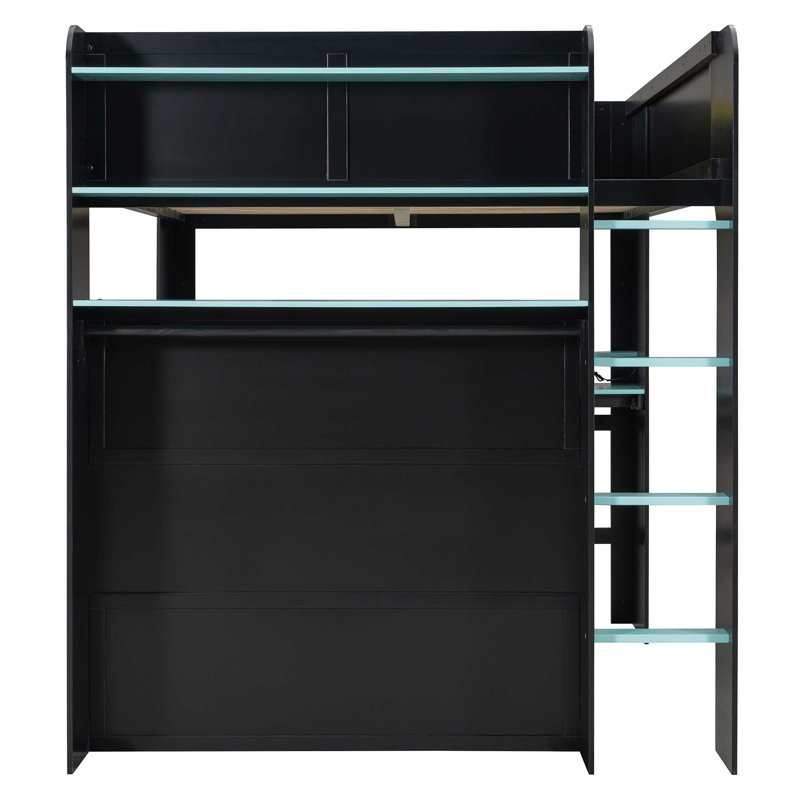 Lit superposé double en bois avec bureau à hauteur réglable, garde-robe, grand espace de rangement et lumière RVB, Bleu
