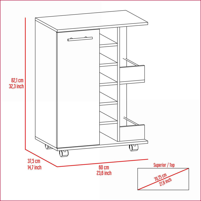 Chariot-bar avec armoire, 6 casiers à bouteilles, 2 tablettes - Blanc neige | Moderne | Panneau de particules