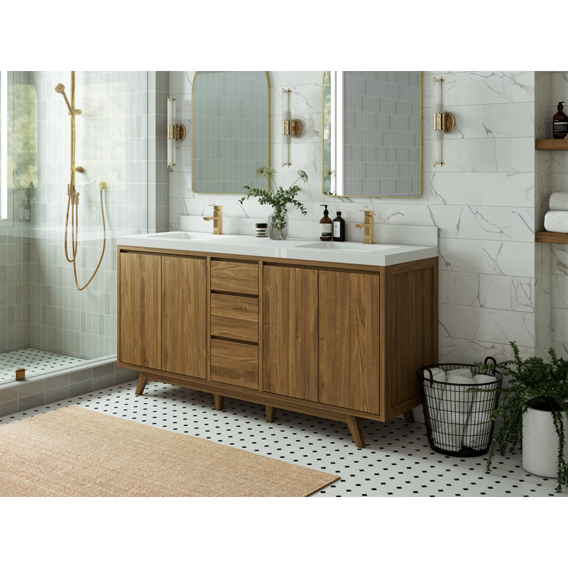 72'' Dark Natural Teak Double Bathroom Vanity with Calacatta Black Top