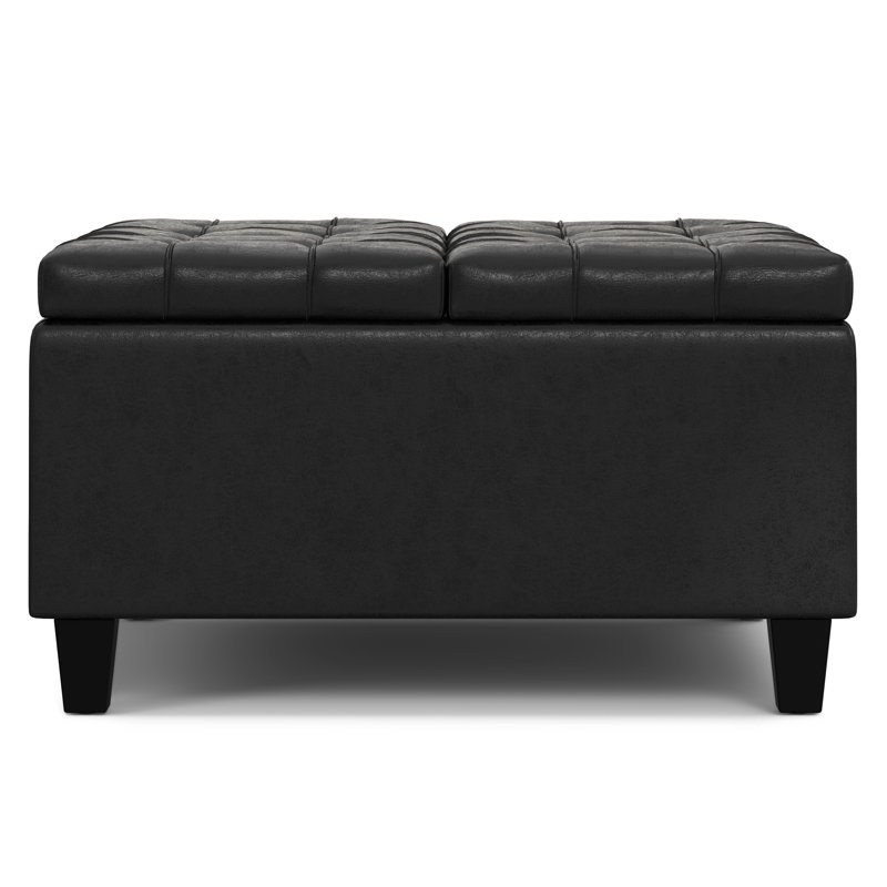 Harrison 30"W Upholstered Transitional Square Lift-Top Ottoman with Hidden Storage, Harrison Distressed Black Faux Leather
