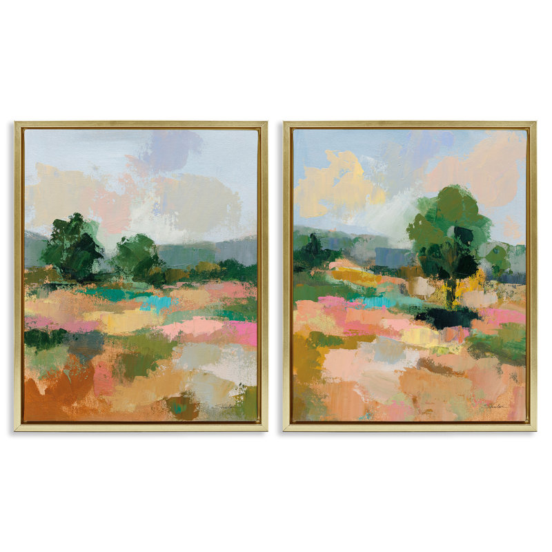 «Spring Field Abstract Landscape», ensemble de 2 toiles flottantes encadrées par Silvia Vassileva, H 21 po x l 17 po