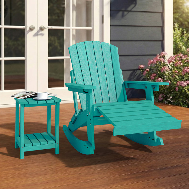HDPE Outdoor Folding Adirondack  Rocking Chair With Retractable Ottoman , Lake Blue