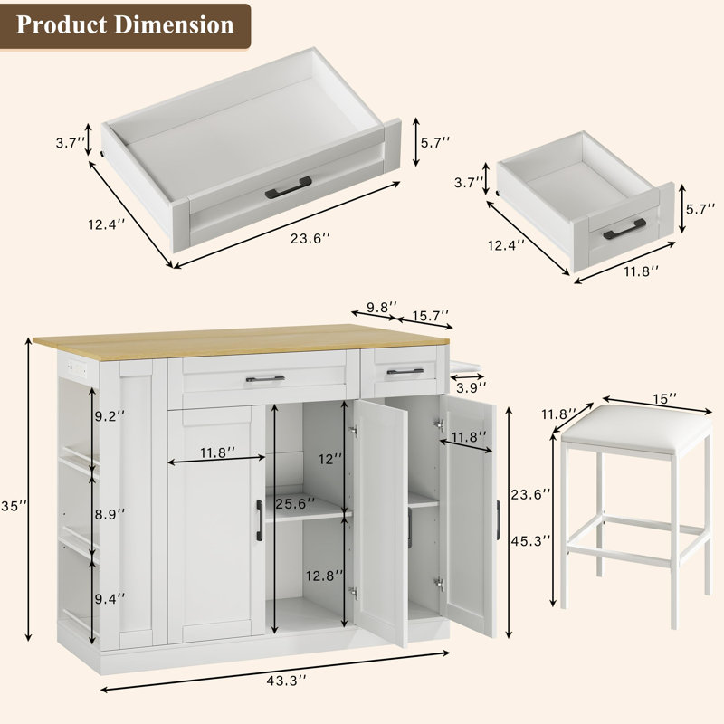 43" Rolling Kitchen Island With Hidden Wheels & 2 Stools