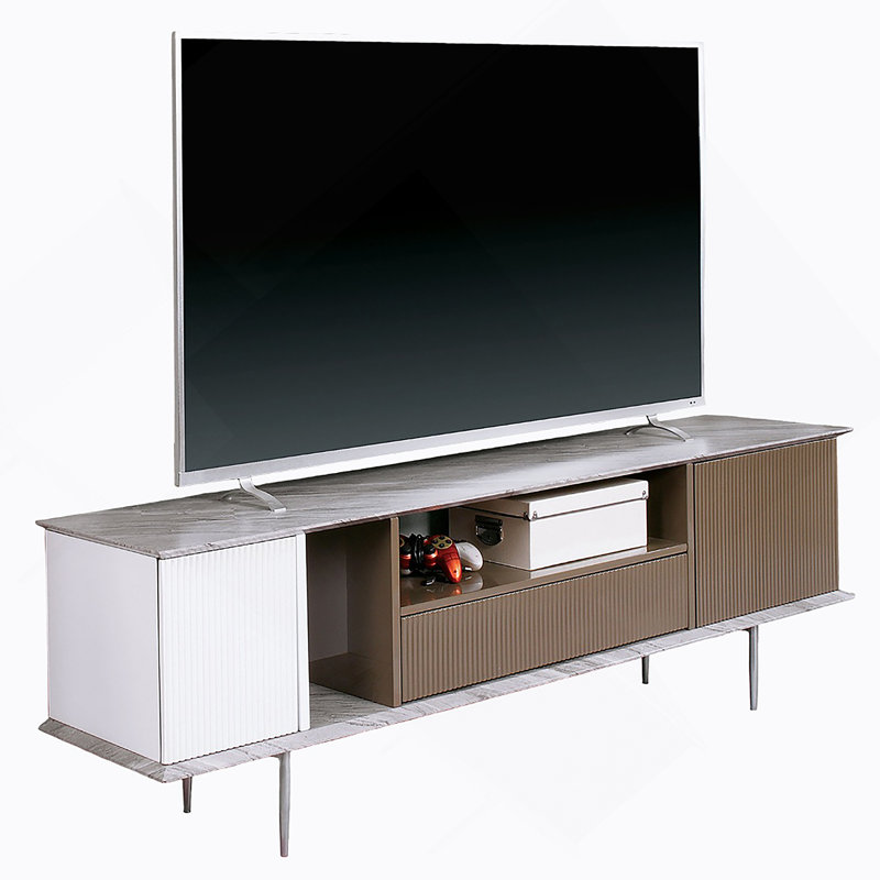 Base de console de télévision de style moderne moderne avec tablette ouverte et glissières à roulement à billes attachées à un tiroir avec dessus en champagne avec champagne ultrabrillant