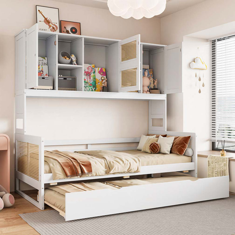 Lit de jour en bois avec lit gigogne, armoire et tablette en rotin, Simple, gris