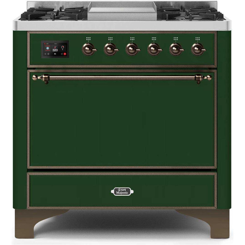 Cuisinière à double combustible 36 pouces avec 6 brûleurs scellés et plaque chauffante ILVE Majestic II Series (porte pleine)